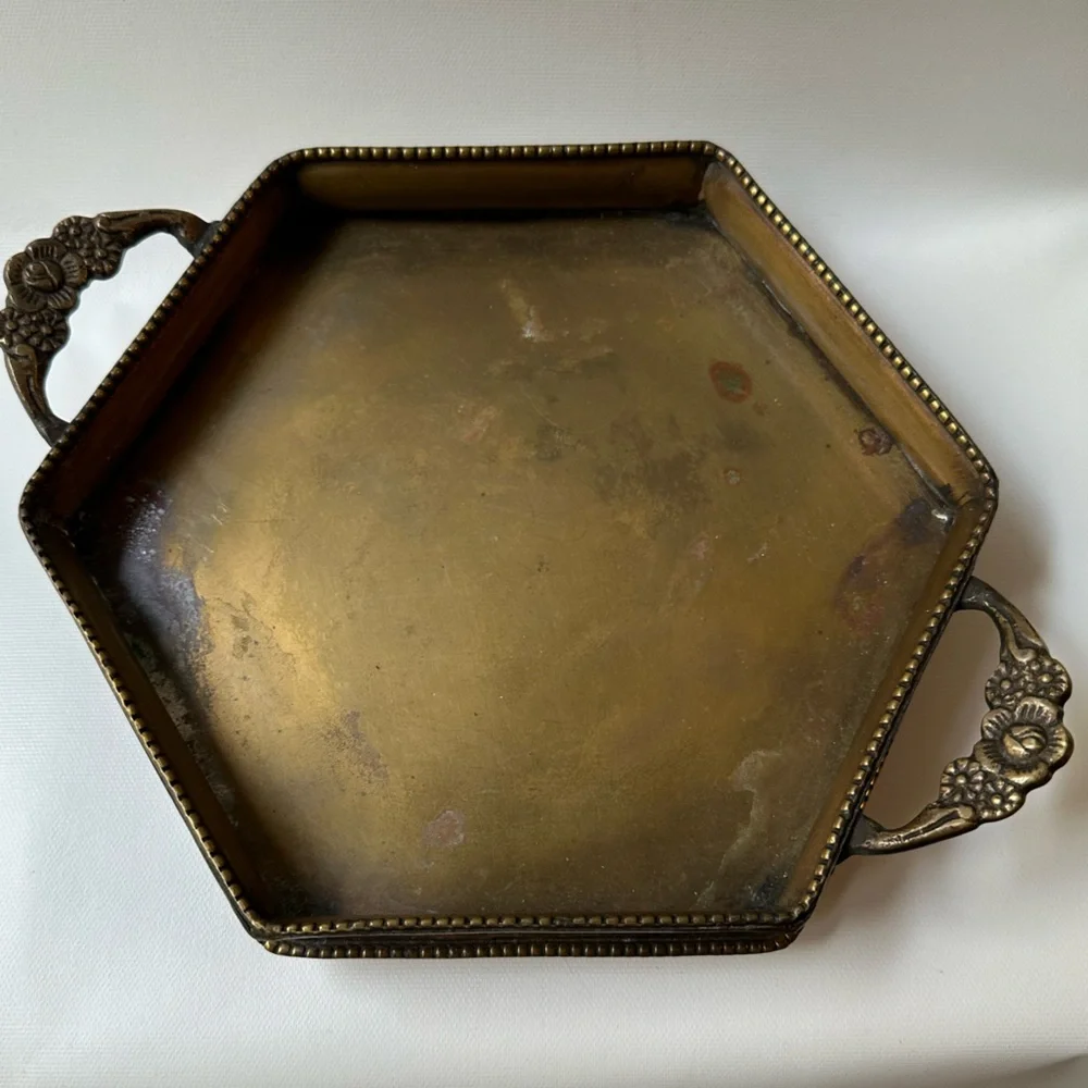 Hexagon Brass Footed Tray with Two Rose Detail Handles - Picture 4 of 6